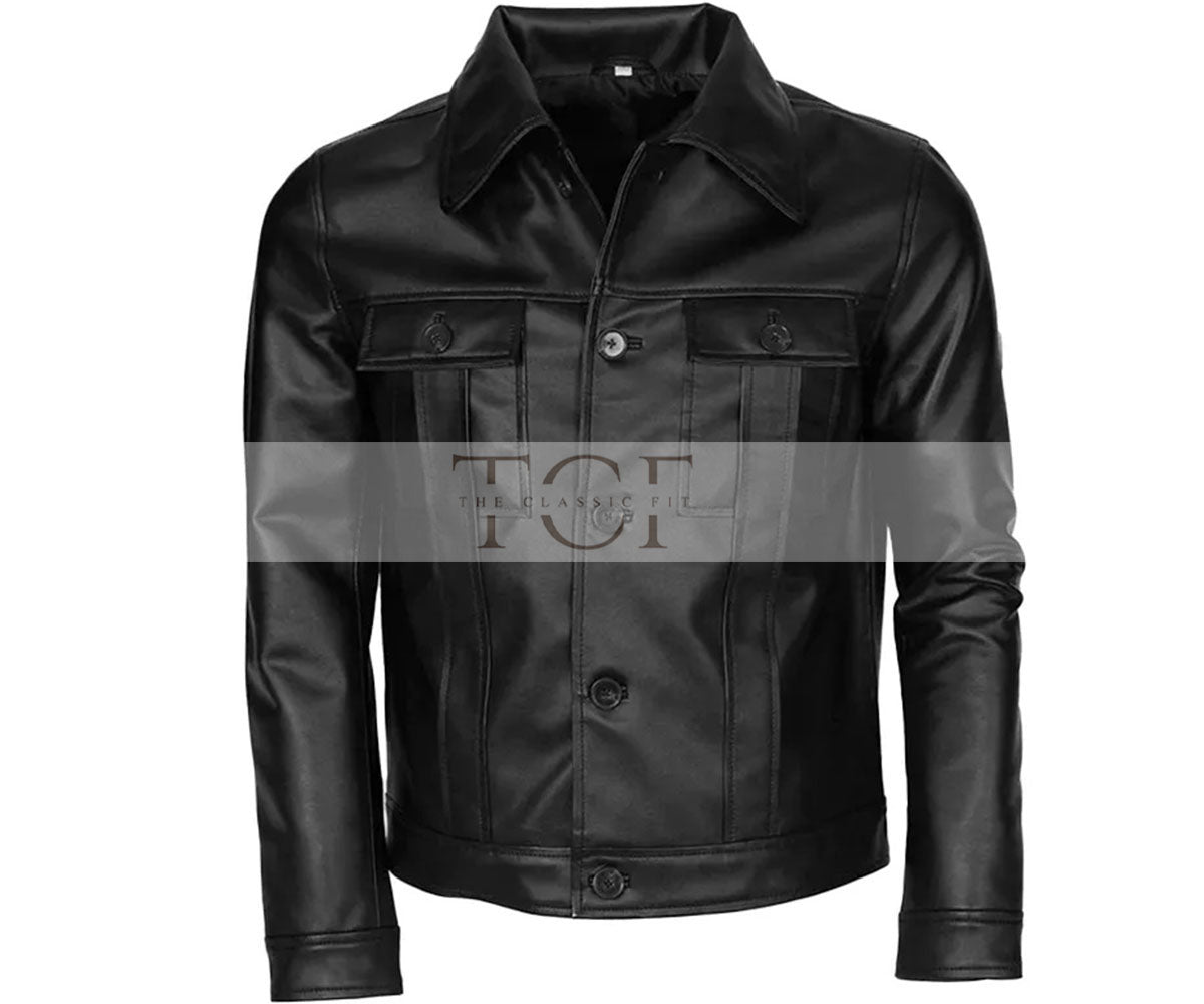 Men's Motorcycle Trucker Style Leather Jacket | Black
