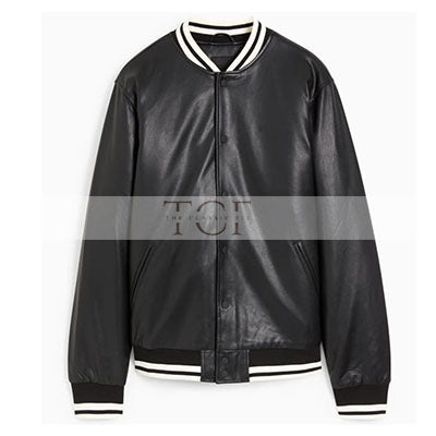 Men's Faux Leather Bomber Varsity Jacket, two side pockets, Black (Also Available in Real Leather) | Black