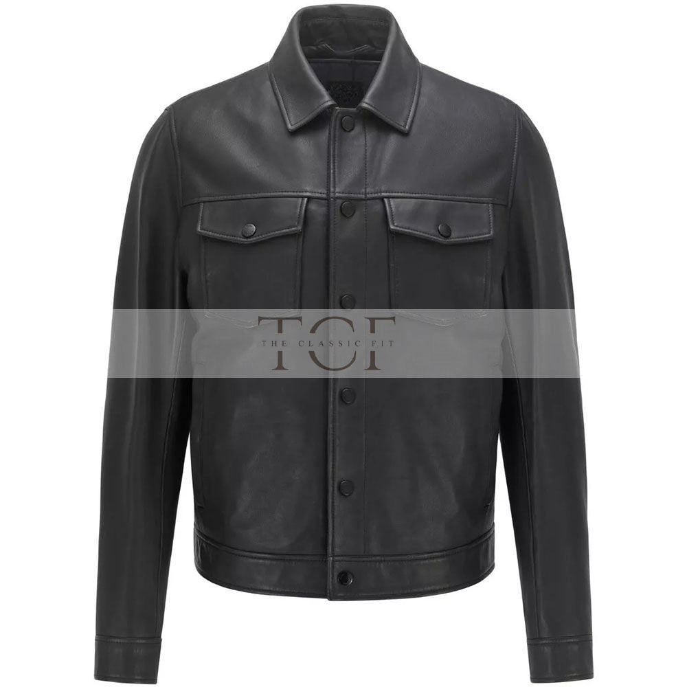Men's Trucker Faux Leather Jacket, Button Closure, Two Pockets (Also Available in Real Leather) | Black