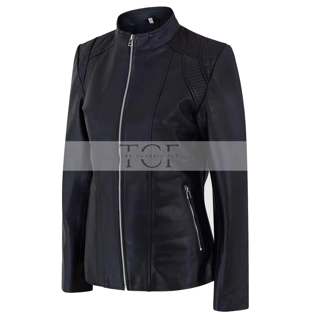 Women's Genuine Café Racer Sheepskin Motorcycle Leather Jacket, YKK Zipper | Black