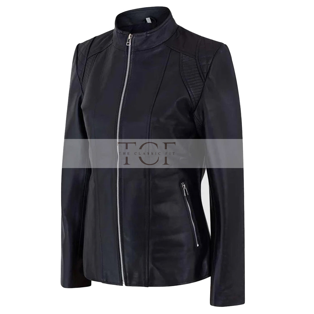 Women's Genuine Café Racer Sheepskin Motorcycle Leather Jacket, YKK Zipper | Black