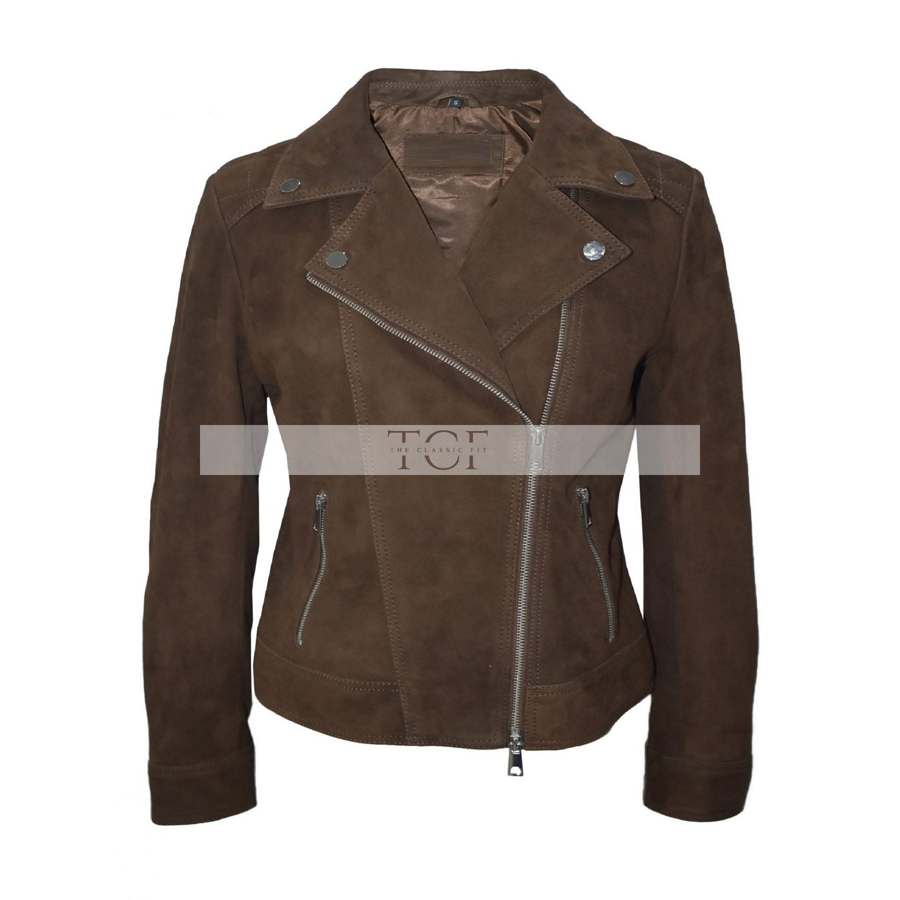 Women's Moto Biker Jacket Suede Leather, Asymmetrical Zip Front | Brown