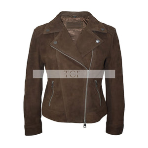 Women's Moto Biker Jacket Suede Leather, Asymmetrical Zip Front | Brown