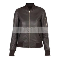 Women's Classy Bomber Biker Leather Jacket, Zip Front, Sleeve Pocket, YKK Zipper | Brown