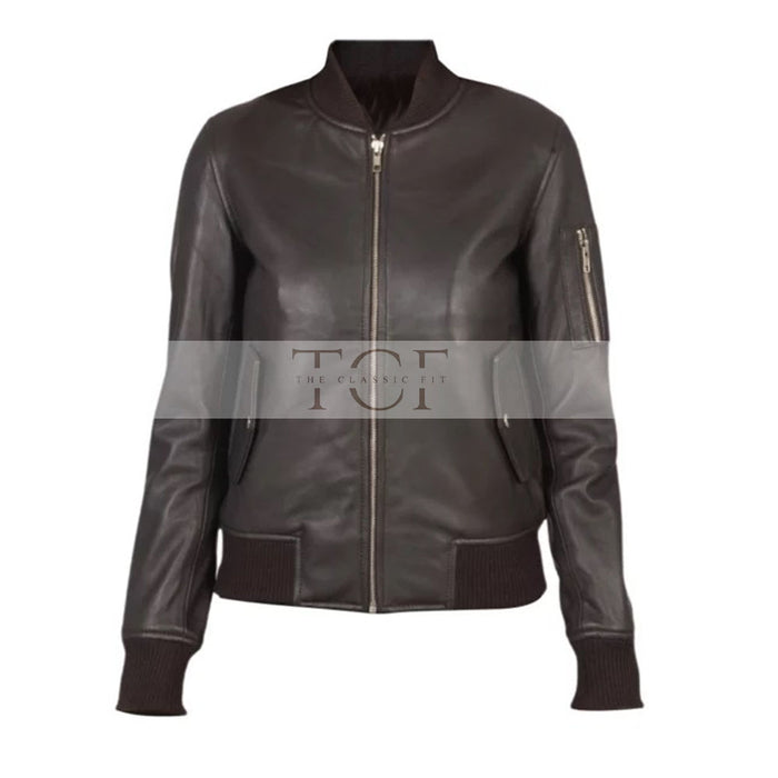 Women's Classy Bomber Biker Leather Jacket, Zip Front, Sleeve Pocket, YKK Zipper | Brown