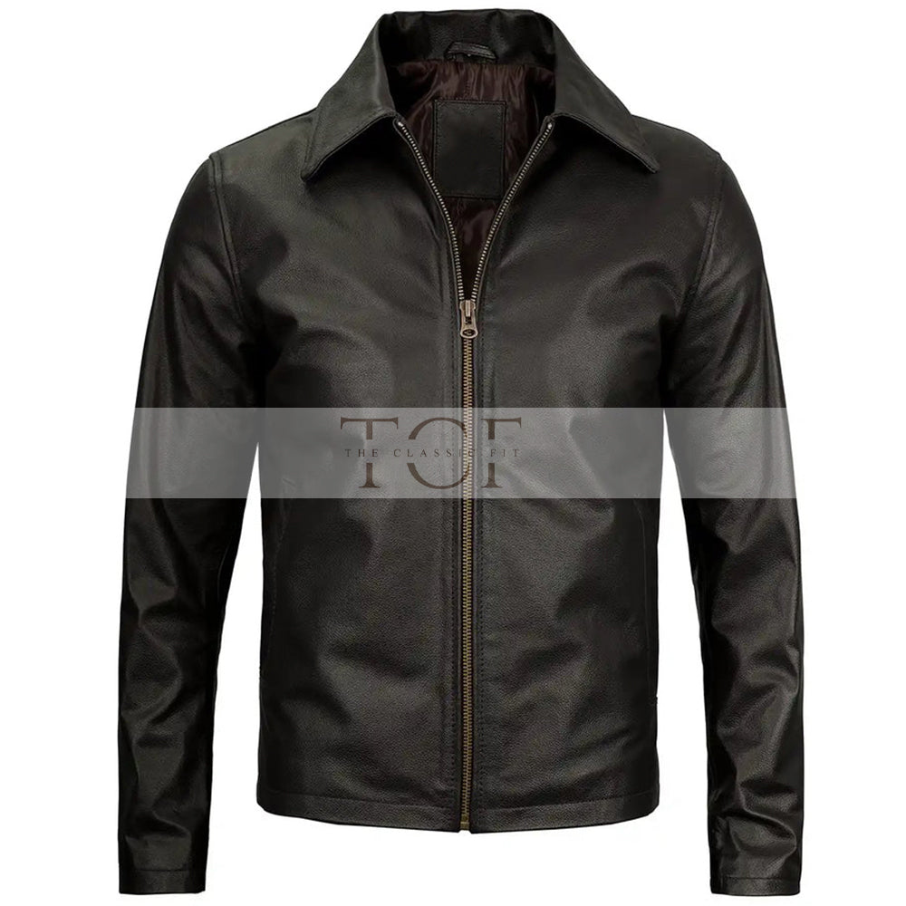 Men's Vintage Harrington Leather Jacket with Shirt Collar | Black