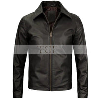 Men's Vintage Harrington Leather Jacket with Shirt Collar | Black