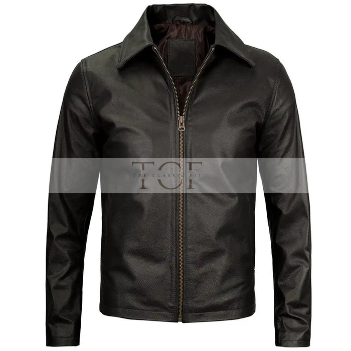 Men's Vintage Harrington Leather Jacket with Shirt Collar | Black
