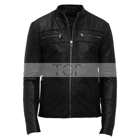Men's Leather Biker Jacket,YKK Zipper Closure | Black