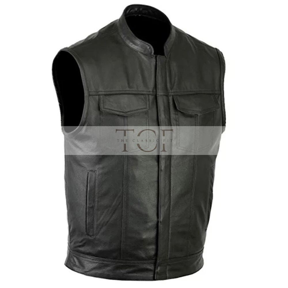 Women Leather Motorcycle Vest: 4 Front Pockets YKK Zipper (Available in Real or Faux Leather) | Black
