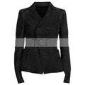 Women's Suede Leather Formal Business Double Breasted Jacket, Notched Lapel Collar | Black
