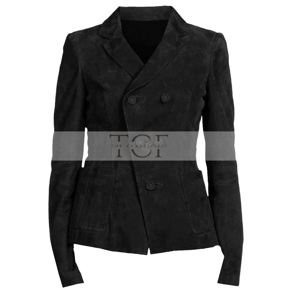 Women's Suede Leather Formal Business Double Breasted Jacket, Notched Lapel Collar | Black