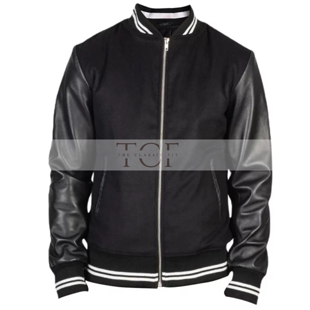 Men's Harrington Bomber Leather Varsity Style Jacket | Black