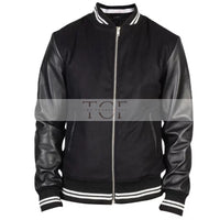 Men's Harrington Bomber Leather Varsity Style Jacket | Black