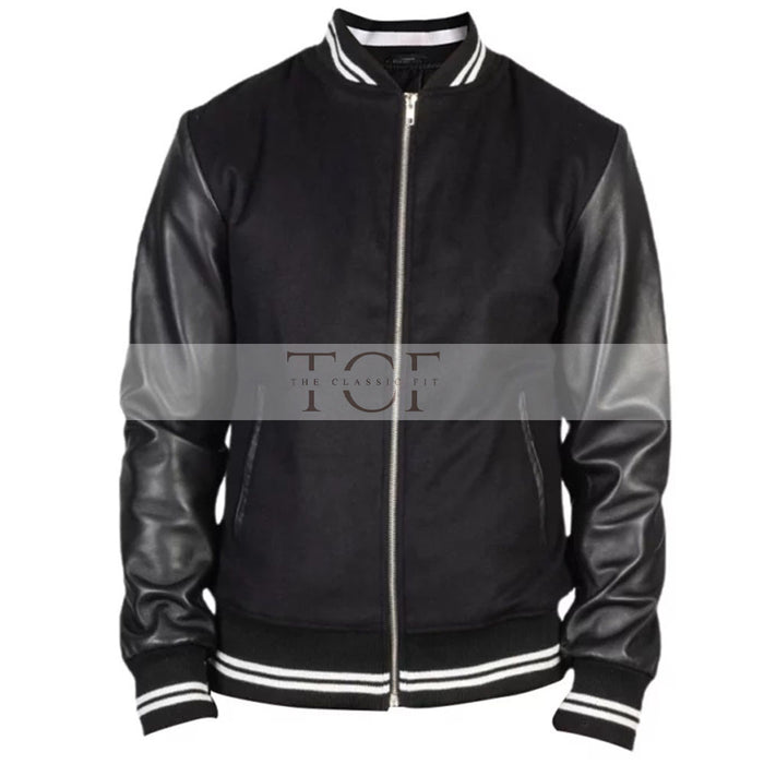 Men's Harrington Bomber Leather Varsity Style Jacket | Black