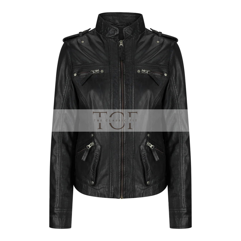 Women's Leather Motorcycle Jacket Multiple Zip Pockets Stand Collar | Black