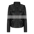 Women's Leather Motorcycle Jacket Multiple Zip Pockets Stand Collar | Black