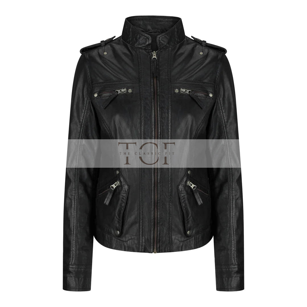 Women's Leather Motorcycle Jacket Multiple Zip Pockets Stand Collar | Black
