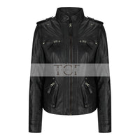 Women's Leather Motorcycle Jacket Multiple Zip Pockets Stand Collar | Black