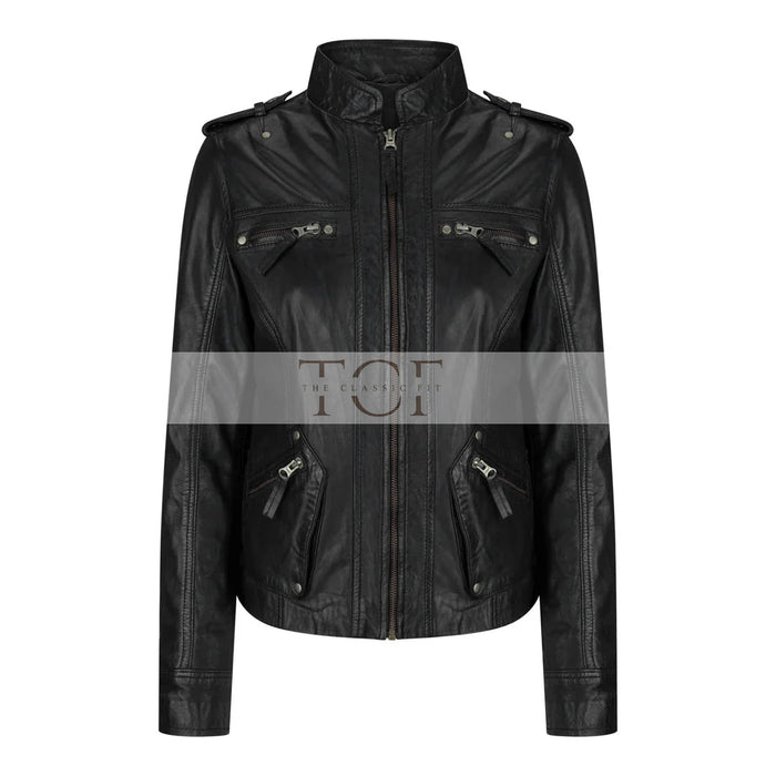 Women's Leather Motorcycle Jacket Multiple Zip Pockets Stand Collar | Black