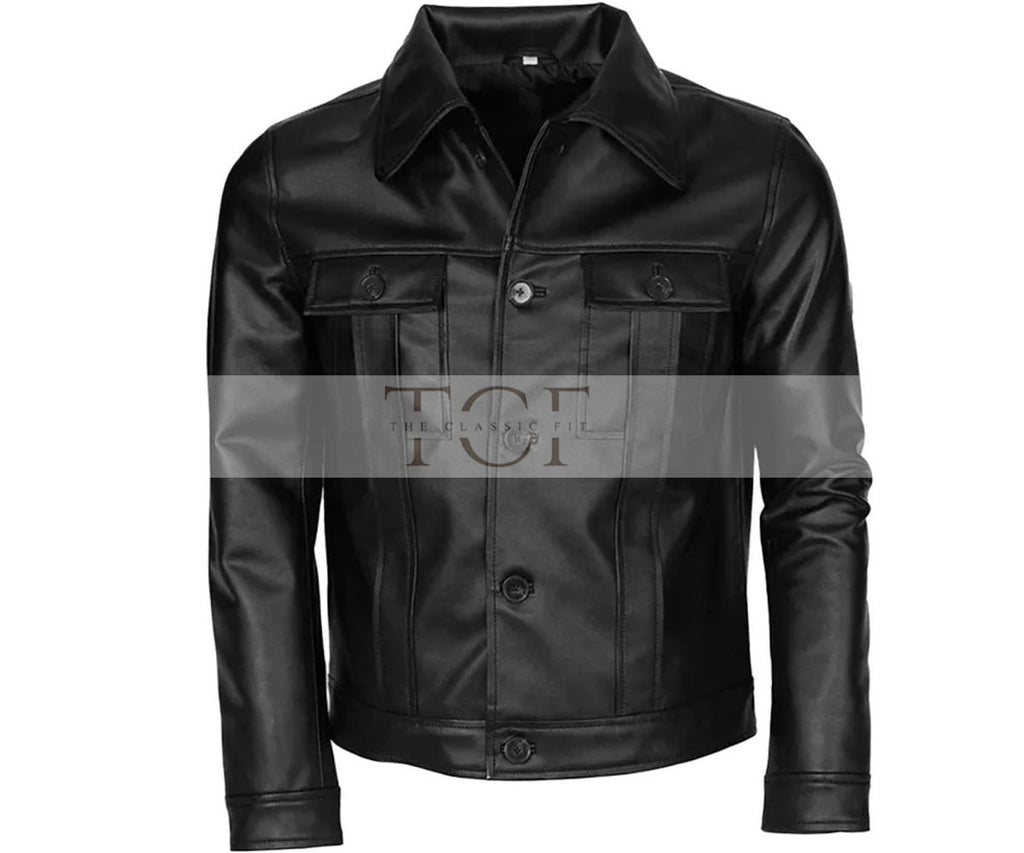 Men's Motorcycle Trucker Style Leather Jacket | Black