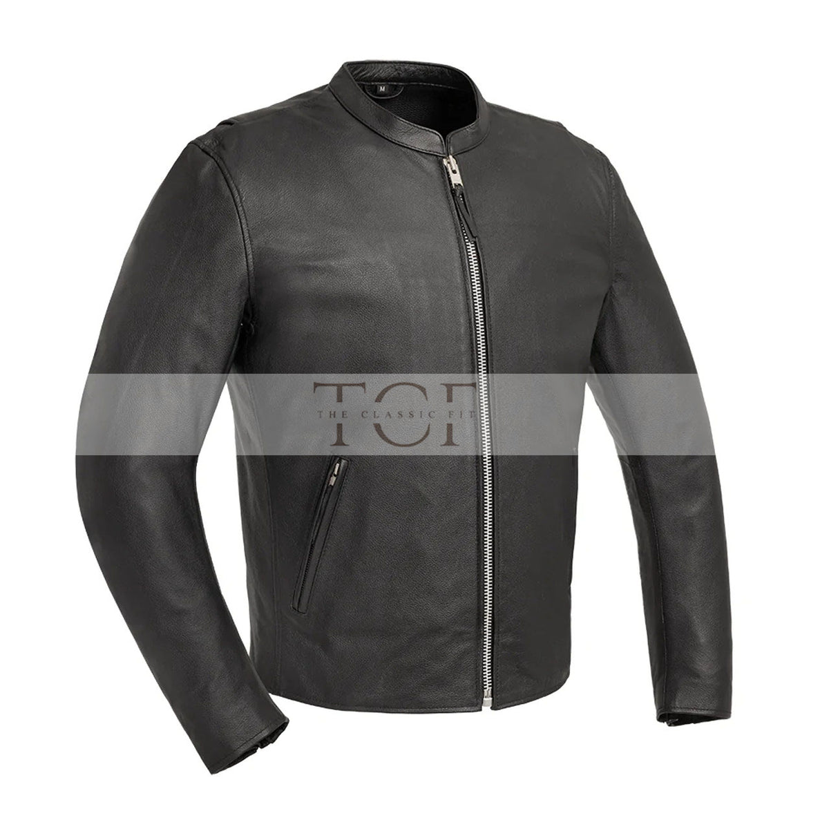 Men's  Leather Motorcycle Jacket with Zipper Closure | Black