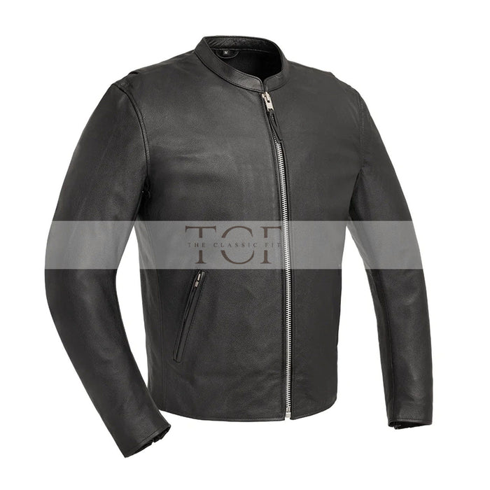 Men's  Leather Motorcycle Jacket with Zipper Closure | Black