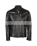 Men's Band Snap Tab Collar Biker Leather Jacket | Black