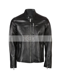 Men's Band Snap Tab Collar Biker Leather Jacket | Black