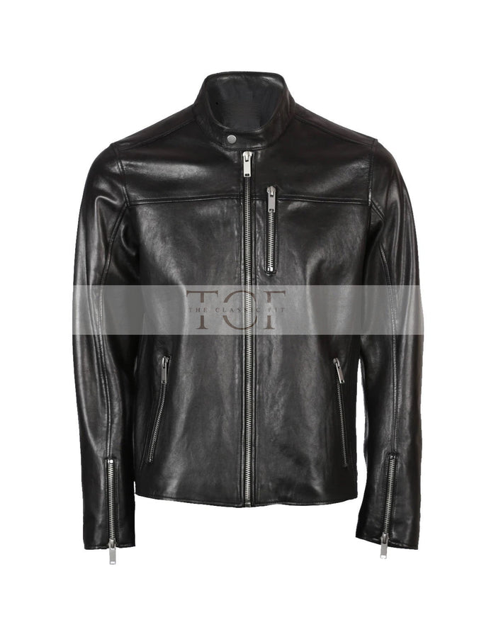 Men's Band Snap Tab Collar Biker Leather Jacket | Black