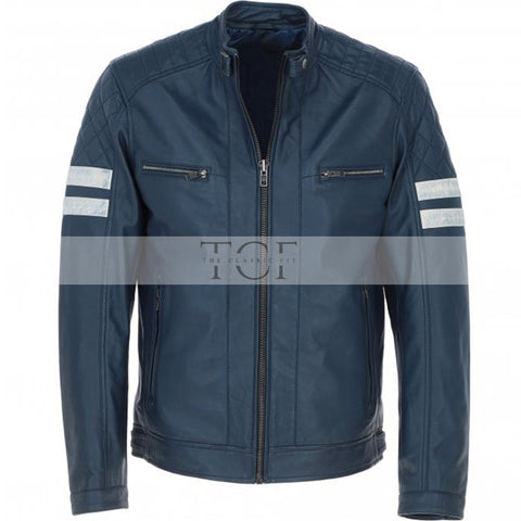 Men's Leather Motorcycle Jacket with Quilted Shoulder & White Stripes | Blue & Black