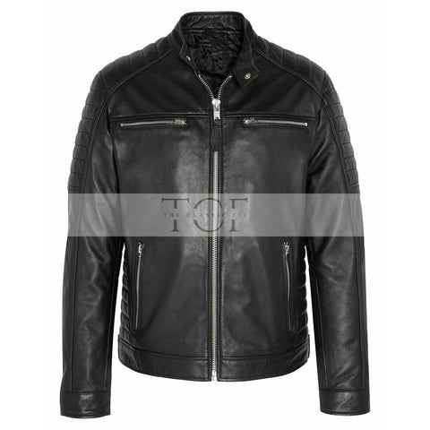 Men's  Leather Jacket with Zippers and Quilted Shoulder | Black
