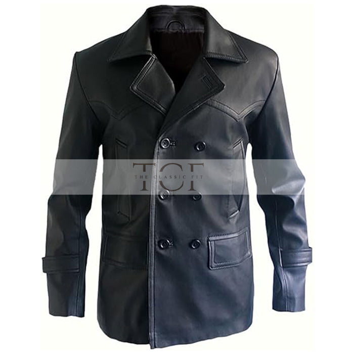 Men's Dr Who Christopher 9th Dr Cosplay Coat, Double Breasted, German Naval, Leather Jacket | Black