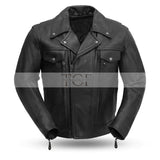 Men's Classic Motorcycle Leather Jacket , Zip Front, Multiple Pockets | Black