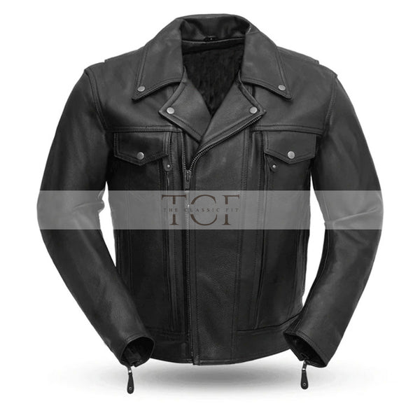 Men's Classic Motorcycle Leather Jacket , Zip Front, Multiple Pockets | Black