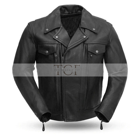 Men's Classic Motorcycle Leather Jacket , Zip Front, Multiple Pockets | Black
