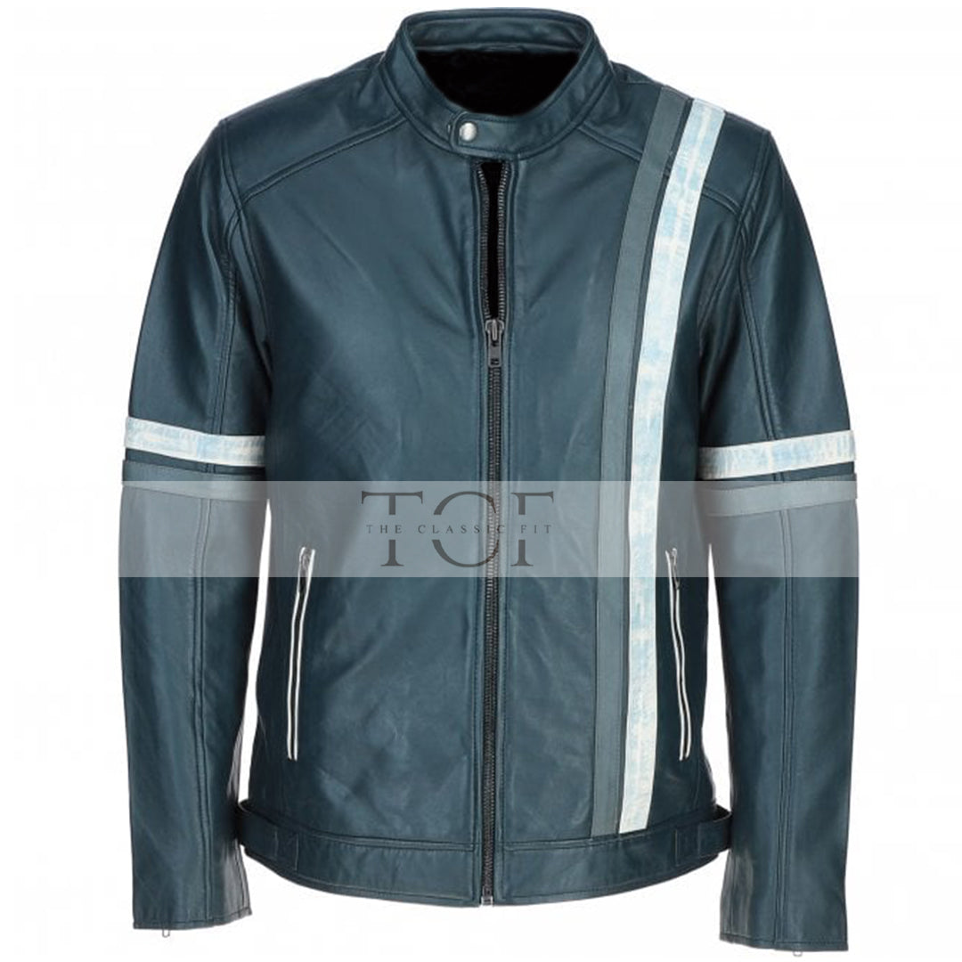 Men's Motorcycle Leather Jacket Gray & White Stripes | Blue & Black