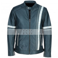 Men's Motorcycle Leather Jacket Gray & White Stripes | Blue & Black