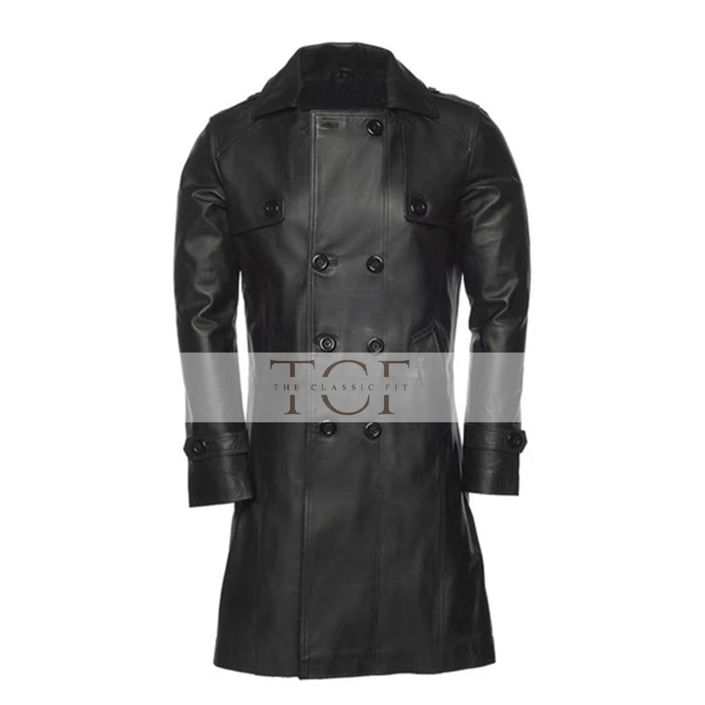 Mens Double Breasted Leather Trench Coat | Black