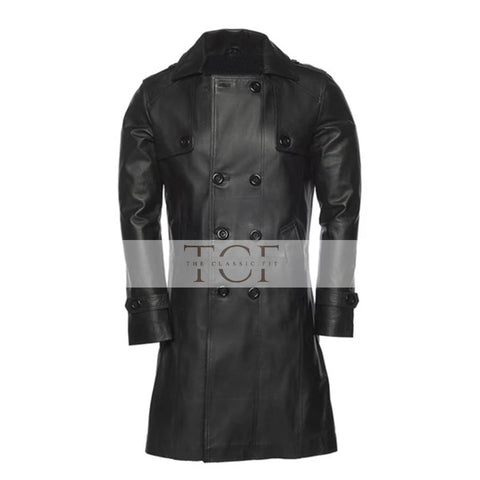 Mens Double Breasted Leather Trench Coat | Black