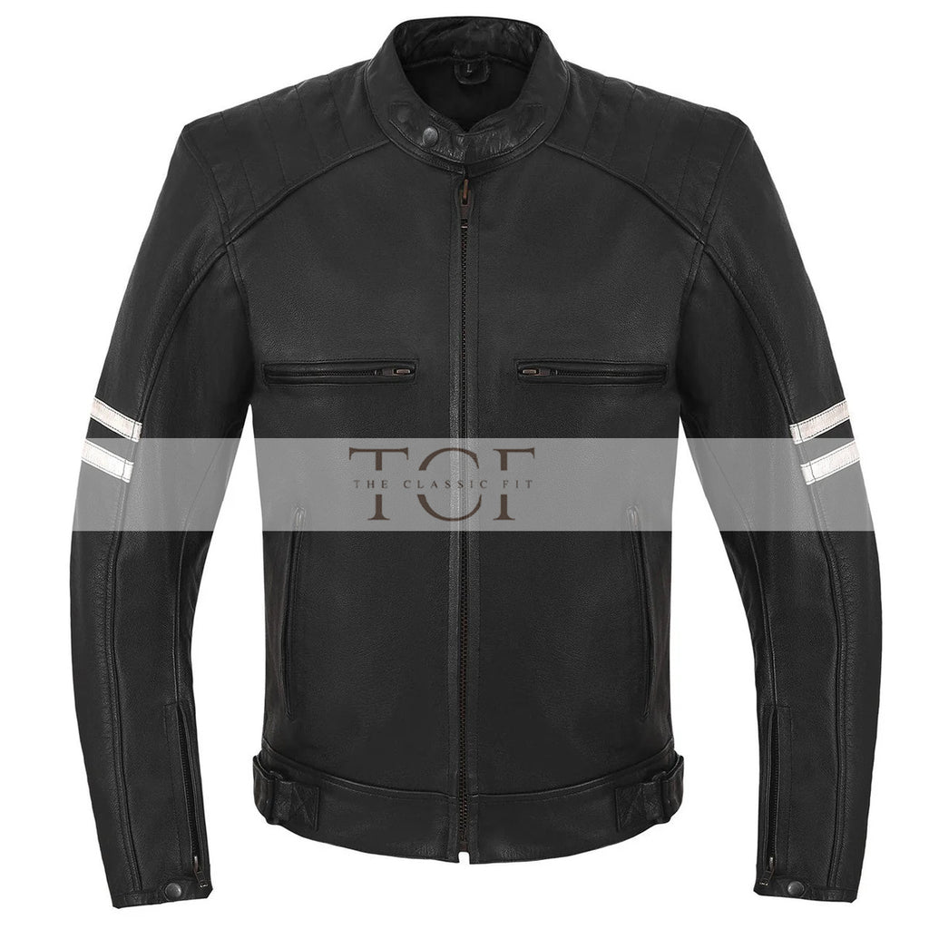 Men's Motor Cycle Leather Jacket with white Stripes Black Shoulders | Black