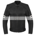 Men's Motor Cycle Leather Jacket with white Stripes Black Shoulders | Black
