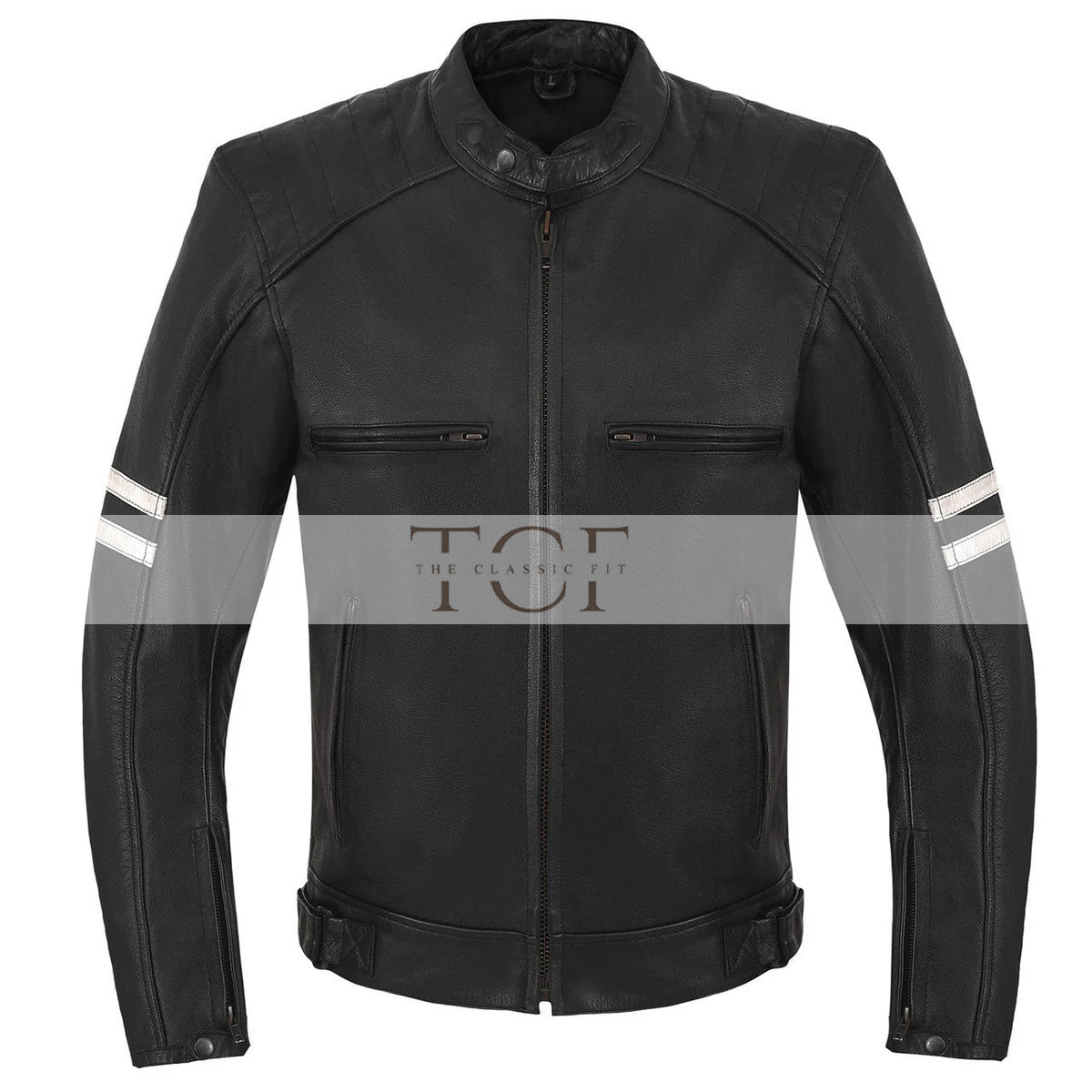 Men's Motor Cycle Leather Jacket with white Stripes Black Shoulders | Black