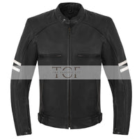 Men's Motor Cycle Leather Jacket with white Stripes Black Shoulders | Black