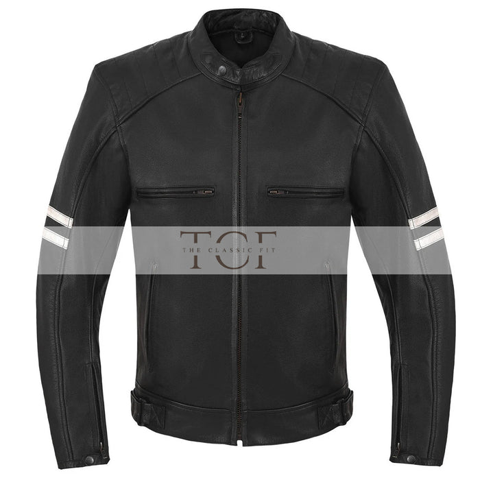 Men's Motor Cycle Leather Jacket with white Stripes Black Shoulders | Black