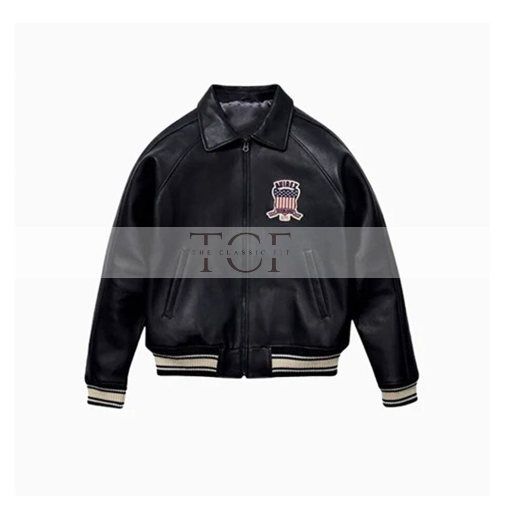 Men's Avirex Real Leather Jacket, Black Flight Bomber, American Varsity Style | Black