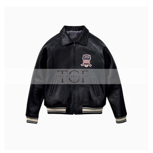 Men's Avirex Real Leather Jacket, Black Flight Bomber, American Varsity Style | Black