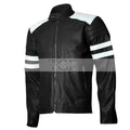 Men's Retro Cafe Racer Leather Jacket, Classic Fit, with White Stripes | Black