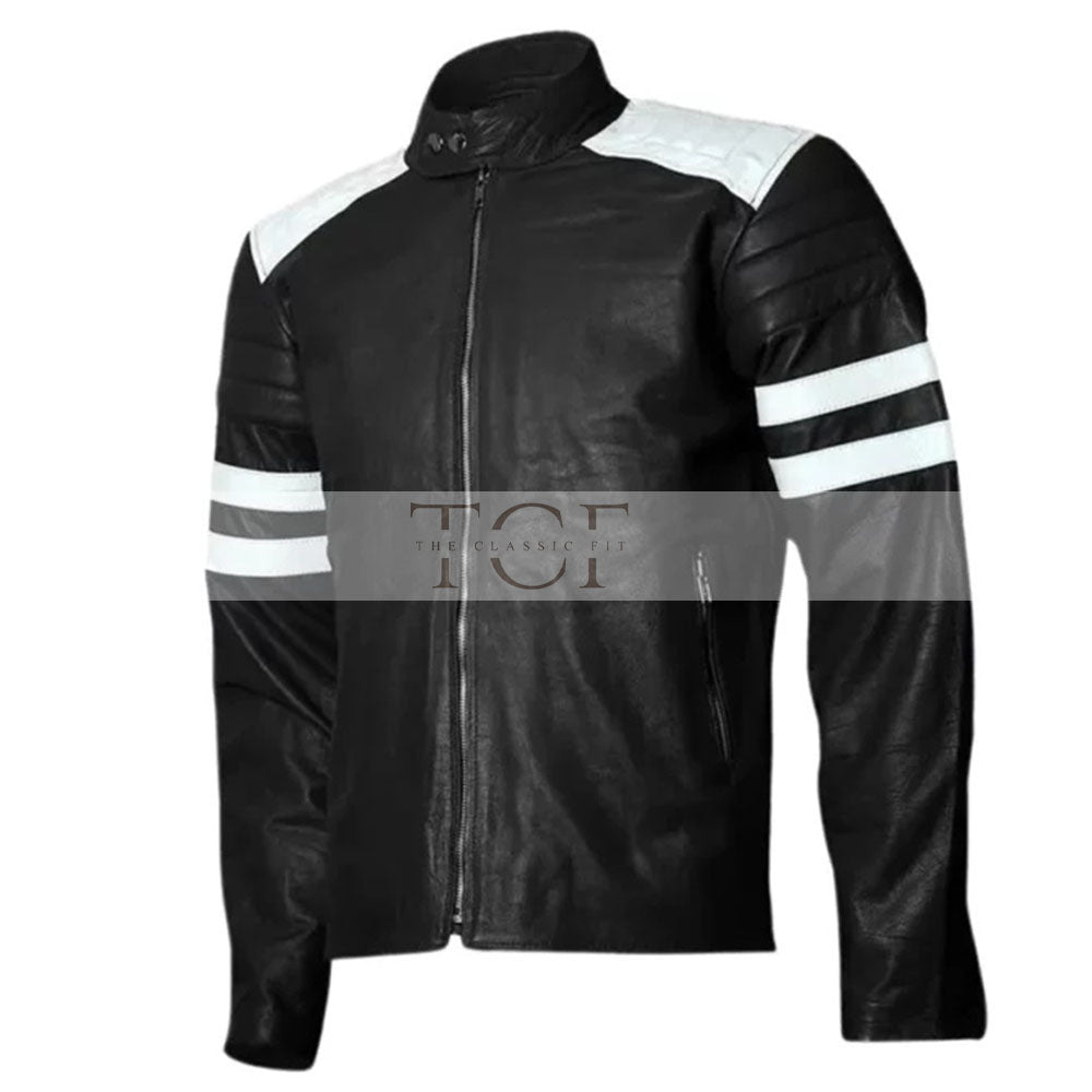 Men's Retro Cafe Racer Leather Jacket, Classic Fit, with White Stripes | Black