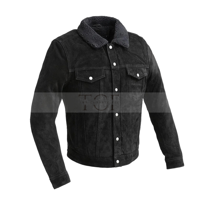Men's Sherpa Collar Suede Trucker Leather Jacket | Black